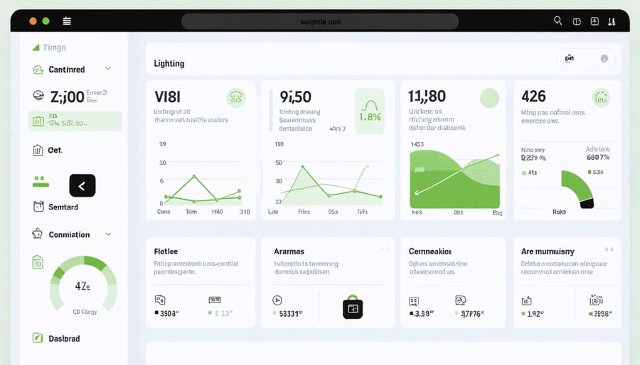 Smart home control interface displaying security and energy monitoring features