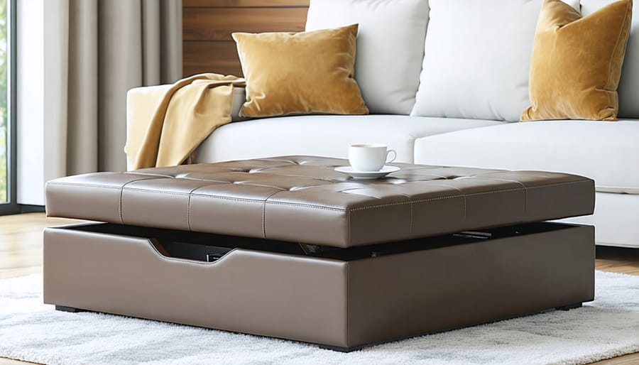 Transforming furniture piece showing ottoman-to-table conversion with storage revealed