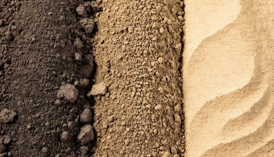 Comparison of three common soil types showing their different colors and textures
