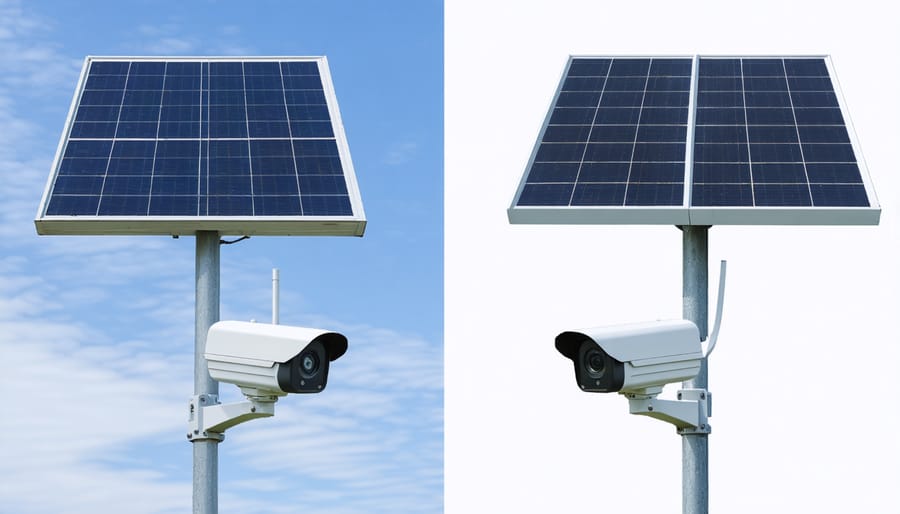 Comparison of conventional and solar-powered security cameras highlighting energy efficiency