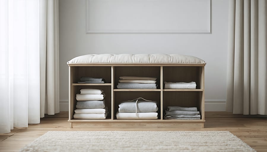 Open storage ottoman revealing organized interior storage for blankets and accessories