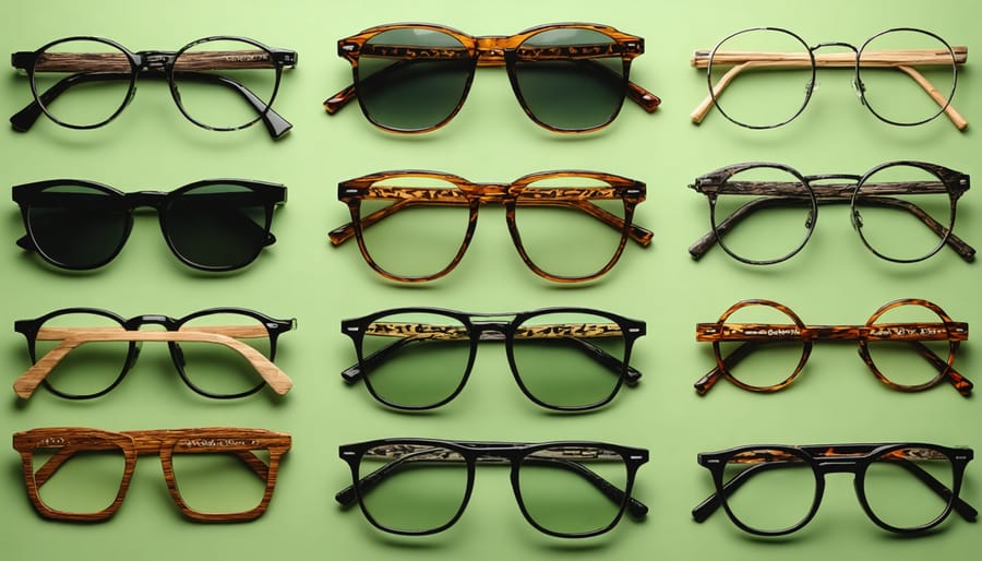 Various sustainable eyewear frames showcasing different eco-friendly materials including bamboo and recycled plastics