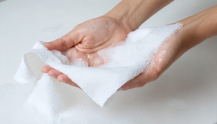 Person demonstrating proper cleaning techniques for eco-friendly textiles