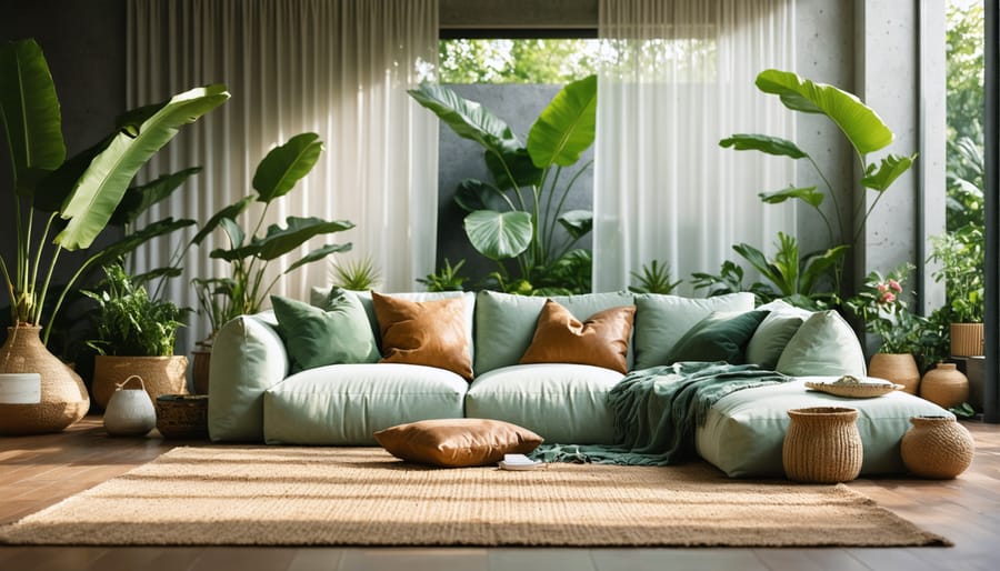 Eco-friendly living room interior with sustainable fabric furnishings