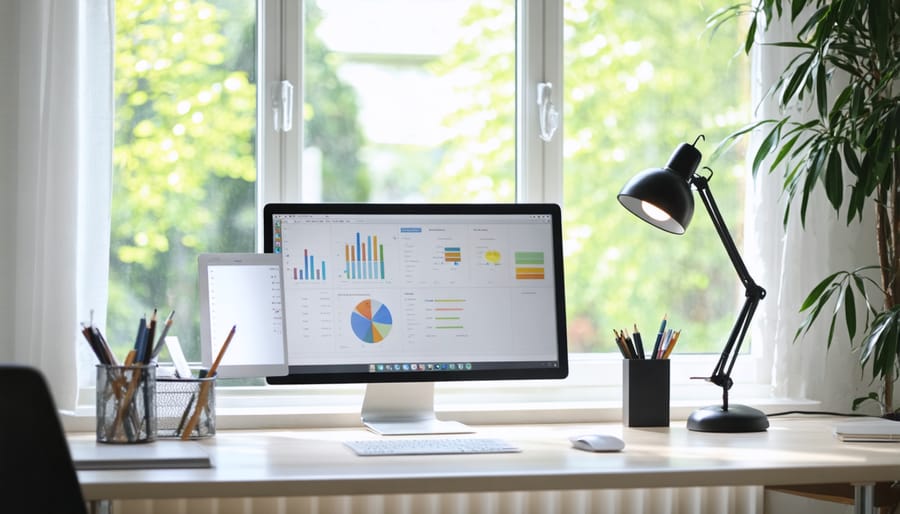 Sustainable home office featuring natural daylight and smart LED lighting