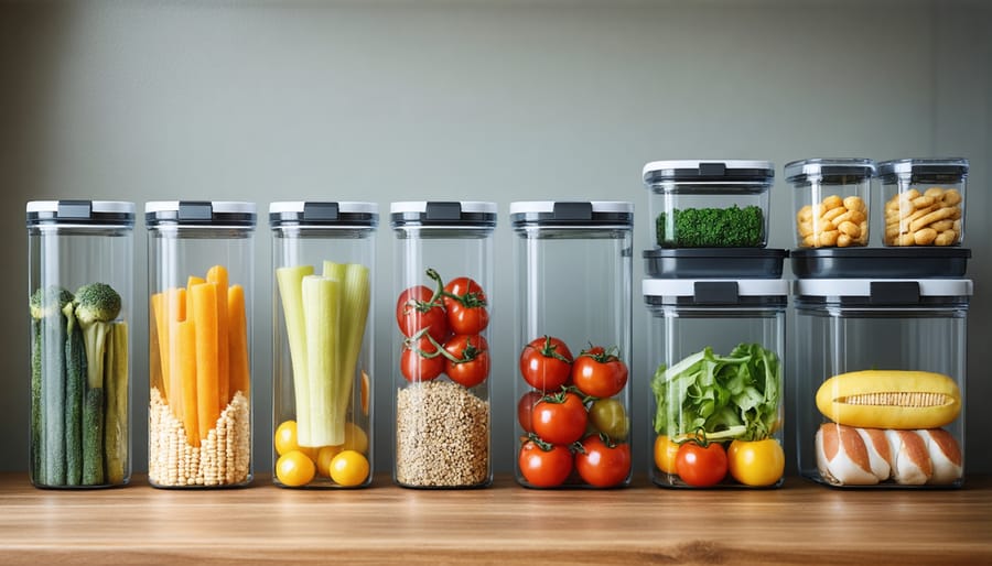 Eco-friendly kitchen storage containers including glass jars and stainless steel boxes