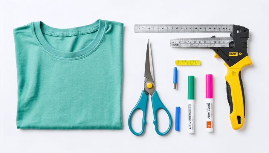 Essential tools for t-shirt upcycling projects laid out on a white surface
