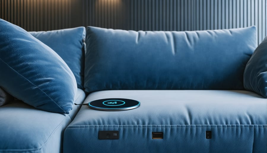 Smart sofa featuring integrated charging capabilities and tech controls
