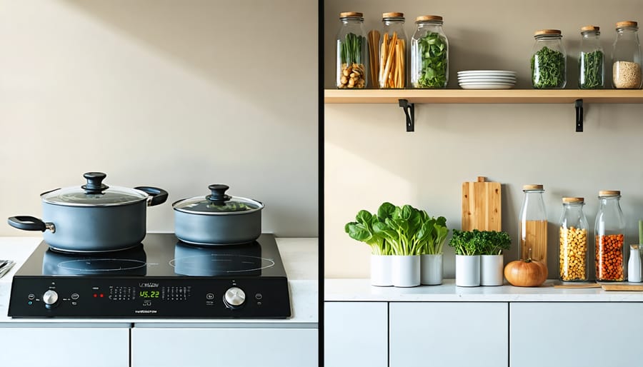 Temporary eco-friendly kitchen setup with portable cooking equipment and sustainable storage containers