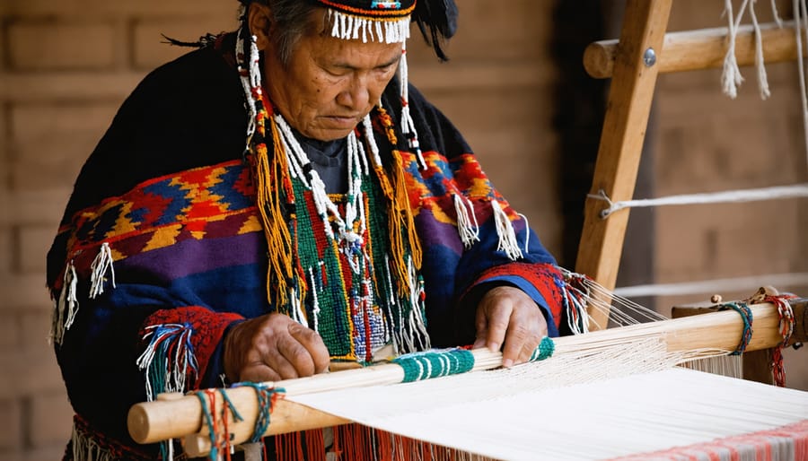 Elderly Navajo artisan weaving a complex pattern on a traditional upright loom