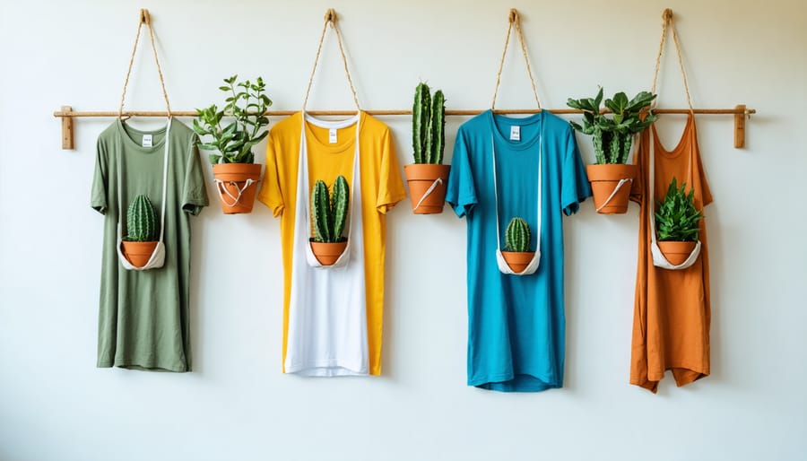 Handmade macramé-style plant holders created from upcycled t-shirts