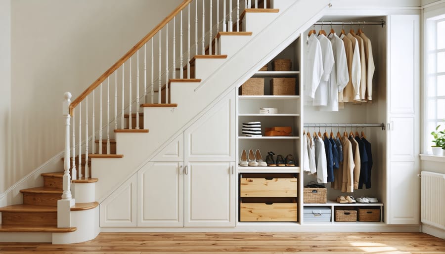 Under-staircase storage system featuring multiple pull-out compartments and organized spaces