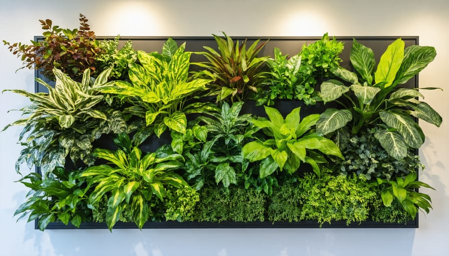 Vertical garden wall featuring ferns, flowering plants, and trailing vines in a geometric pattern