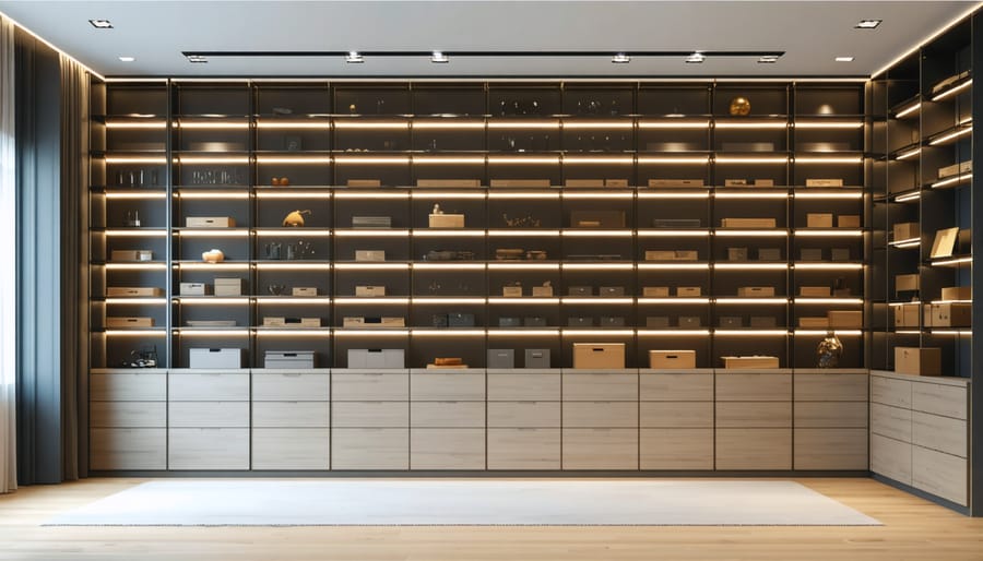 Sleek white floor-to-ceiling storage system with adjustable shelves and LED lighting