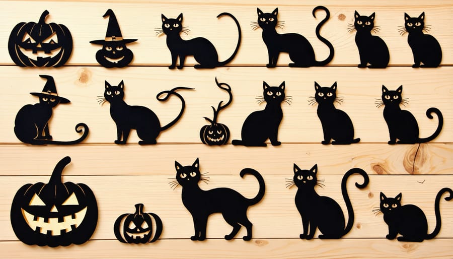 Vintage Halloween die-cut paper decorations including black cats, witches, and smiling pumpkins