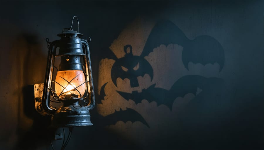 Vintage Halloween lanterns emitting warm orange glow with creepy shadow patterns