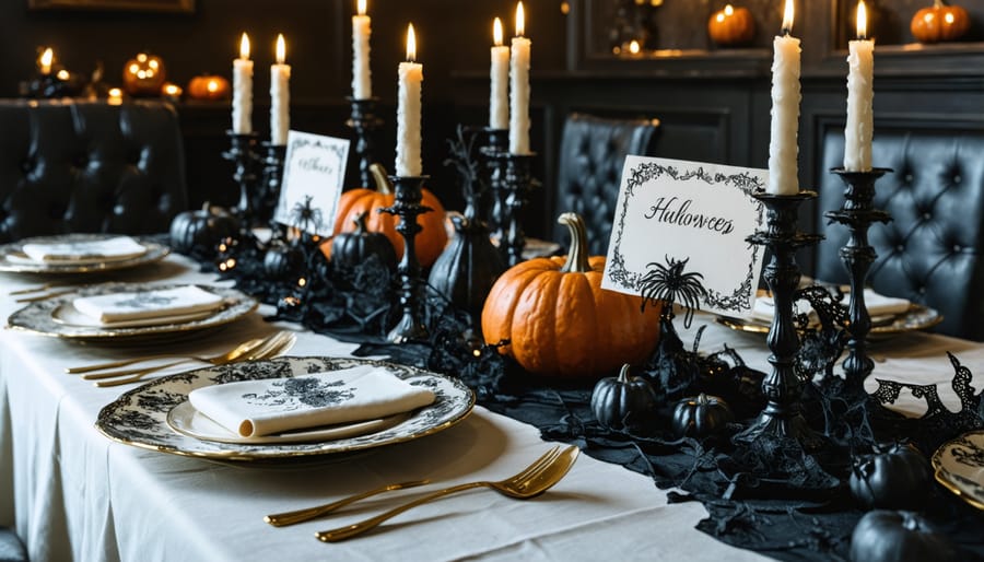 Vintage Halloween tablescape featuring antique-style decorations and place settings