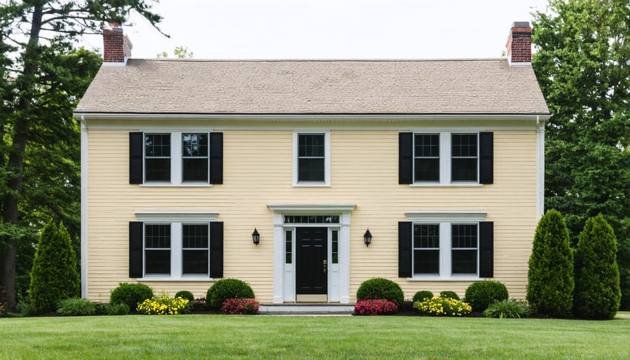 Two-story colonial house with warm cream exterior paint, contrasting white trim and black shutters