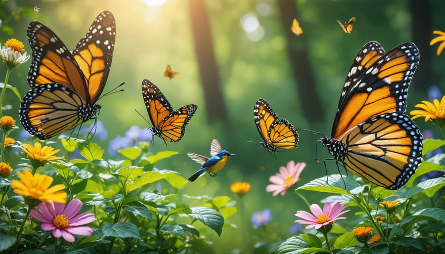 Colorful garden bed with butterflies hovering over purple coneflowers and black-eyed susans