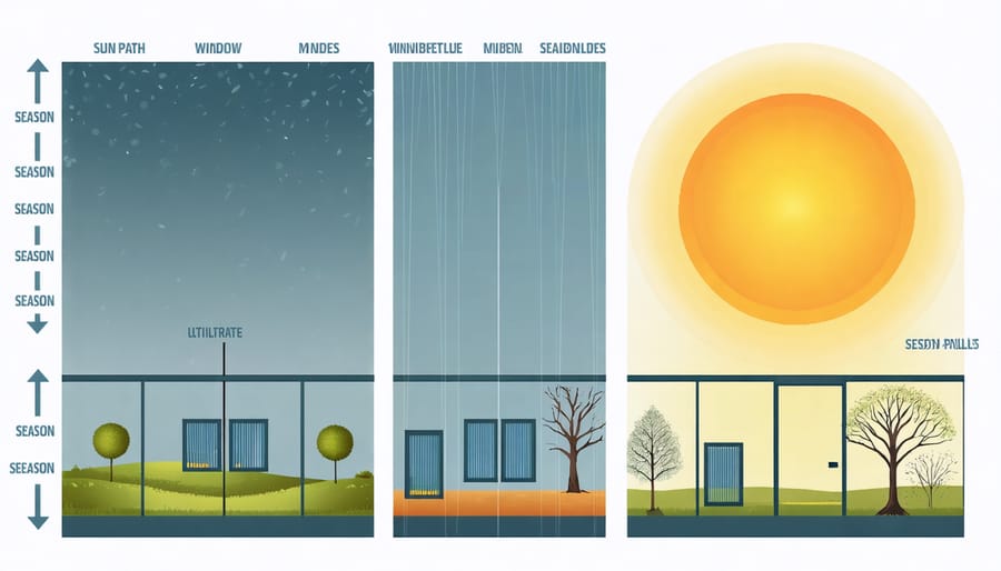 Architectural diagram illustrating strategic window placement for maximum solar efficiency