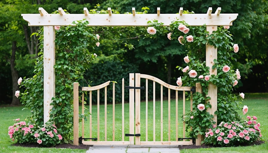 Beautiful white wooden arbor entrance with blooming climbing roses and a matching gate