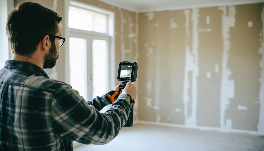 Construction professional scanning a room interior with a 3D laser scanning device