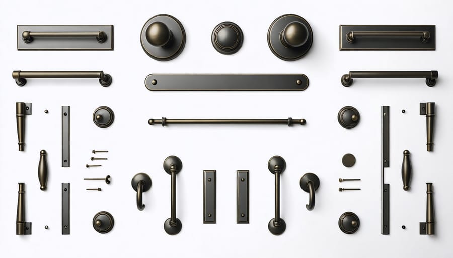 Various modern cabinet handles, doorknobs, and light fixtures showcasing affordable hardware updates