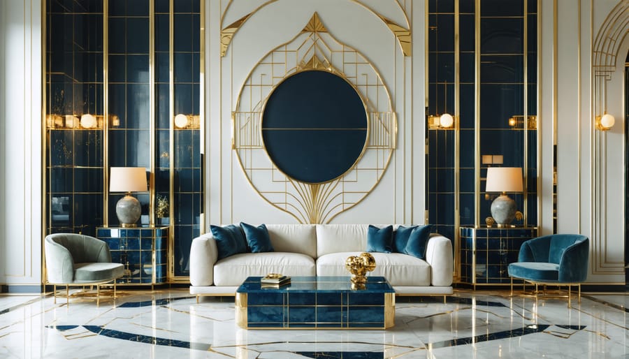 Luxurious Art Deco living room featuring chevron patterns, mirrors, and metallic details