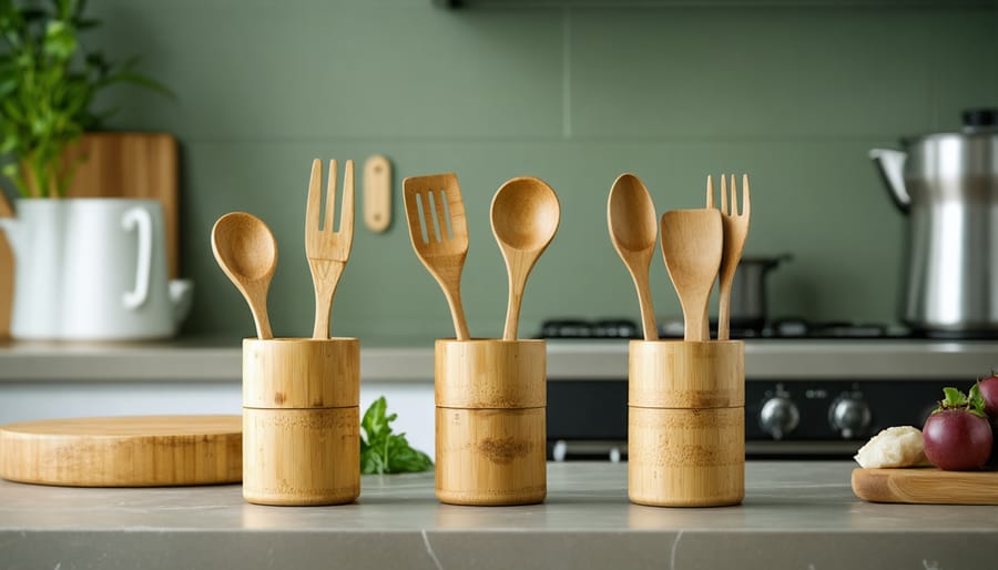 Person using bamboo travel cutlery set to prepare a meal at home