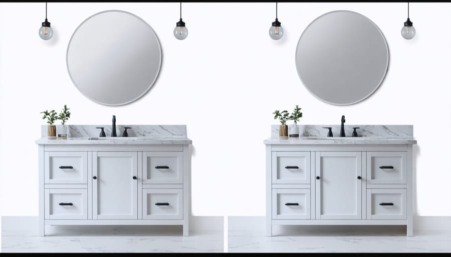 Four-stage process showing bathroom vanity transformation from preparation to final coat