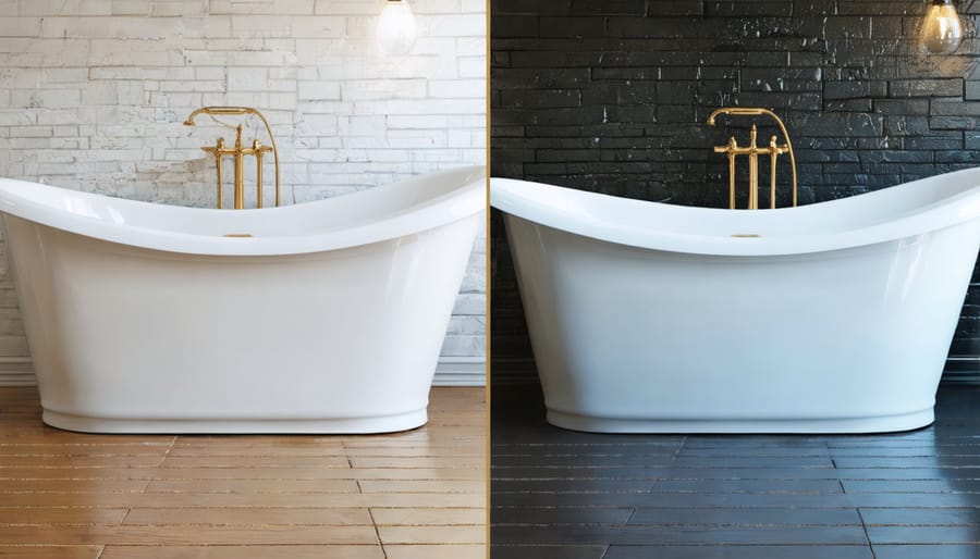 Side-by-side comparison of a worn yellow bathtub before reglazing and after being reglazed in bright white