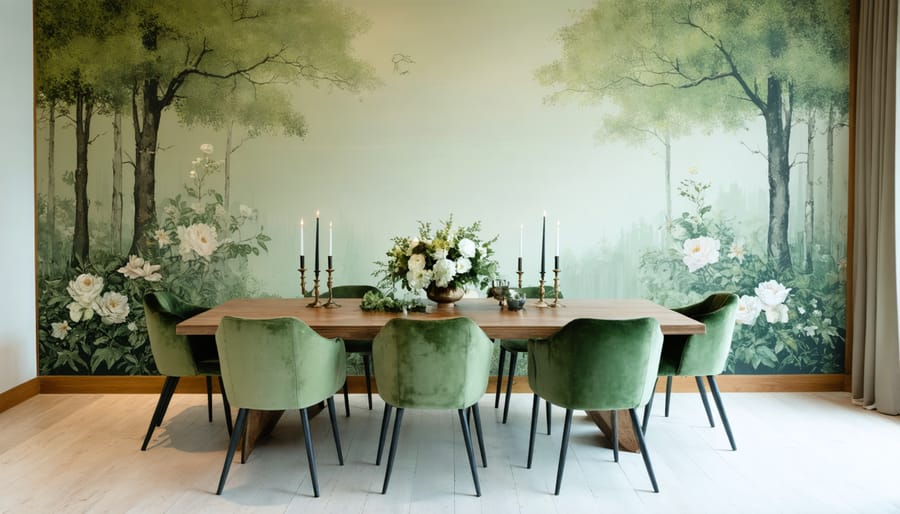 Statement dining room wall featuring timeless botanical wallpaper design