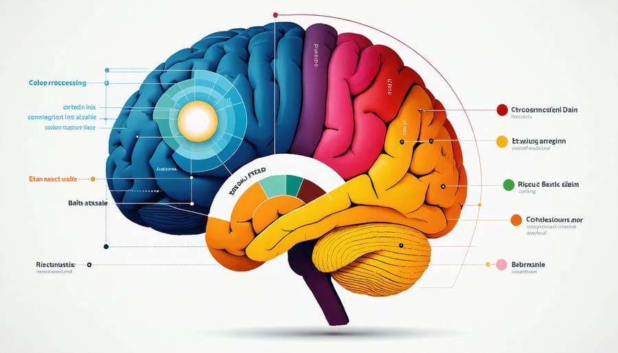 Scientific diagram showing how the brain processes different colors, with neural pathways highlighted