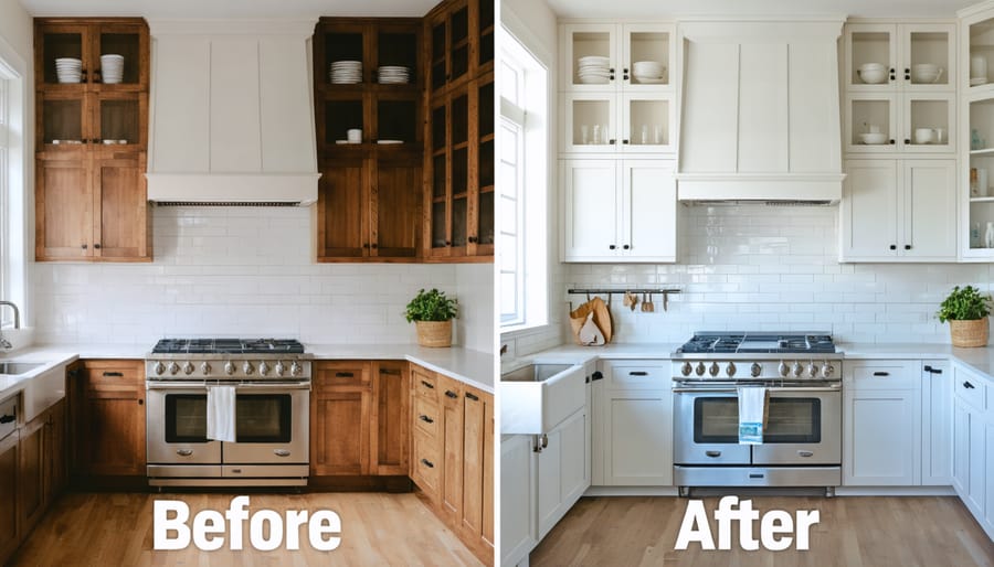 Kitchen transformation showing old brown cabinets next to newly painted white cabinets with modern handles