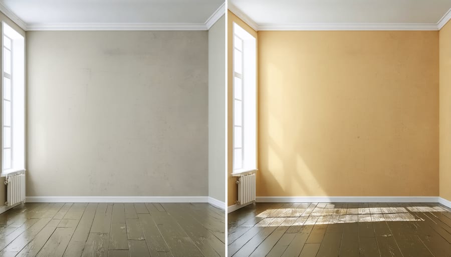 Side-by-side comparison of a living room before and after budget-friendly updates with new paint and lighting