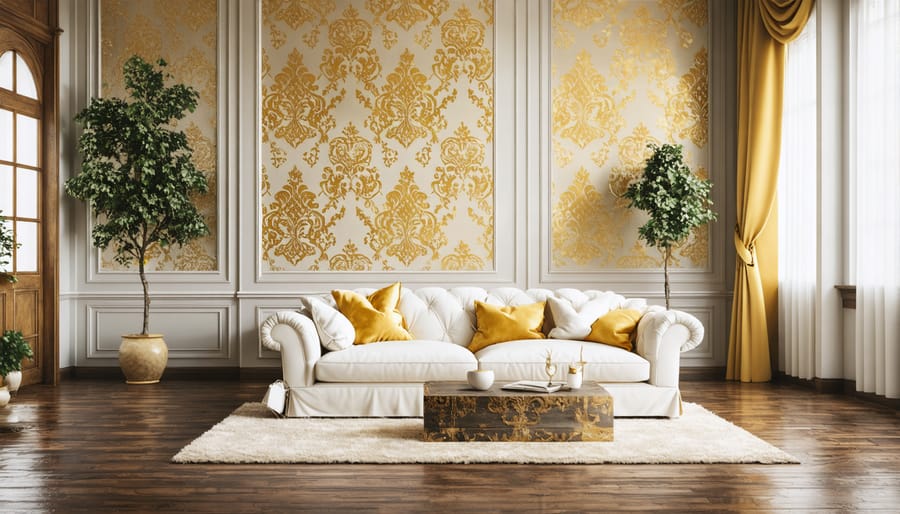 Traditional damask wallpaper pattern in a sophisticated living room setting with period furniture