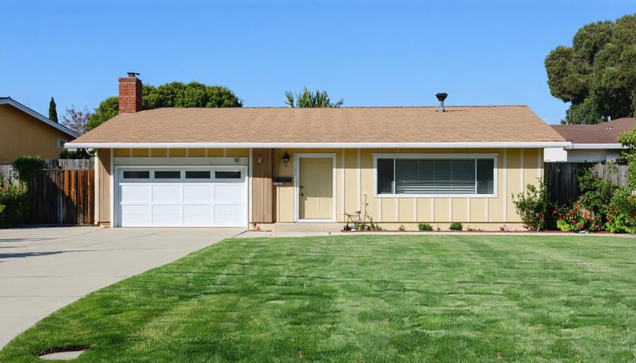 Exterior view of a traditional single-story ranch home with large picture windows and attached garage