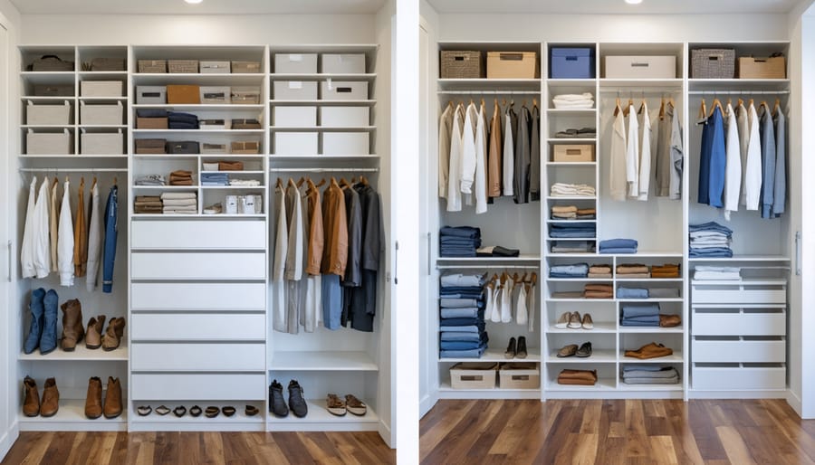 Side-by-side comparison of a cluttered closet transformed with DIY organization solutions