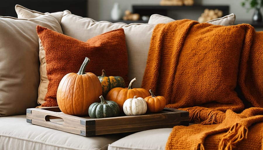 Living room decorated for fall featuring rust and amber throw blankets, plaid pillows, and seasonal decor