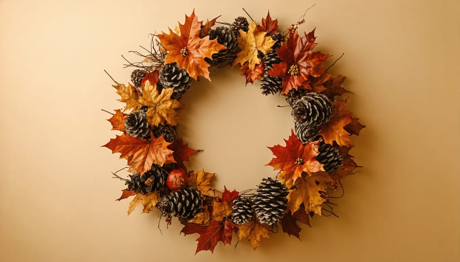 Tutorial showing steps to create a homemade fall wreath with natural materials