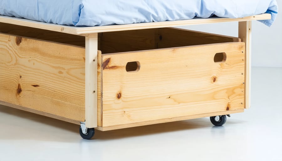 Custom-built wooden under-bed storage drawers with casters for easy access
