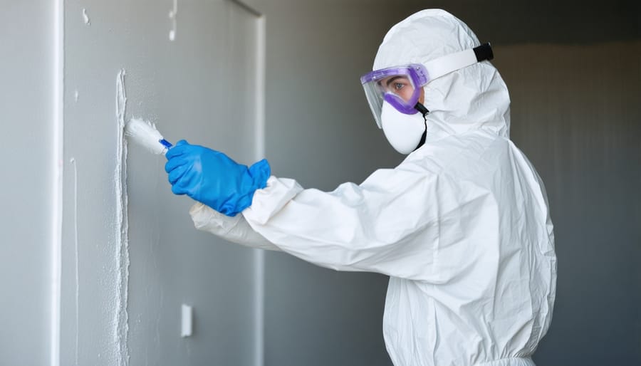 Technician in protective gear spraying low-VOC coating on bathroom tiles