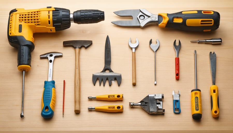 Essential renovation tools including paint rollers, scrapers, measuring tape, and basic hand tools