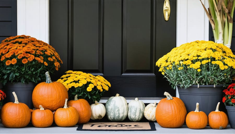 Seasonal front porch decoration with orange and white pumpkins, chrysanthemums, and dried cornstalks