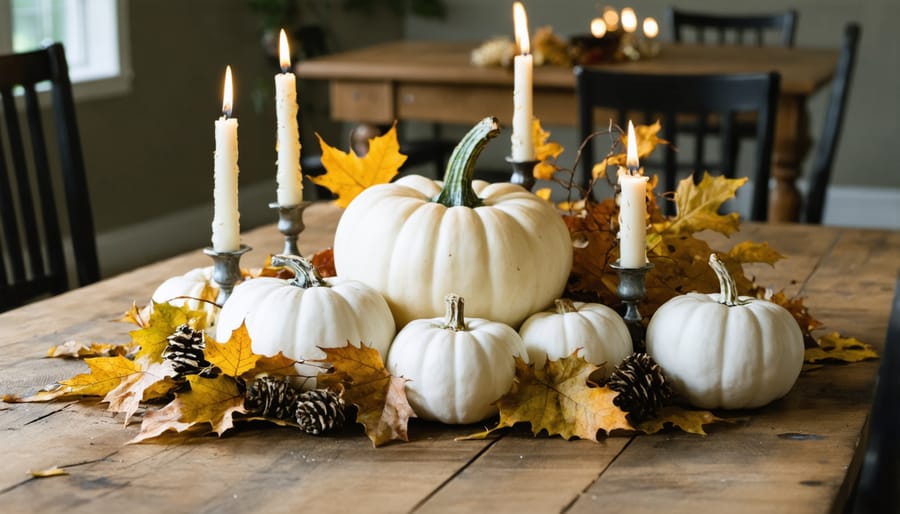 Fall dining table centerpiece featuring white pumpkins, maple leaves, and brass candleholders