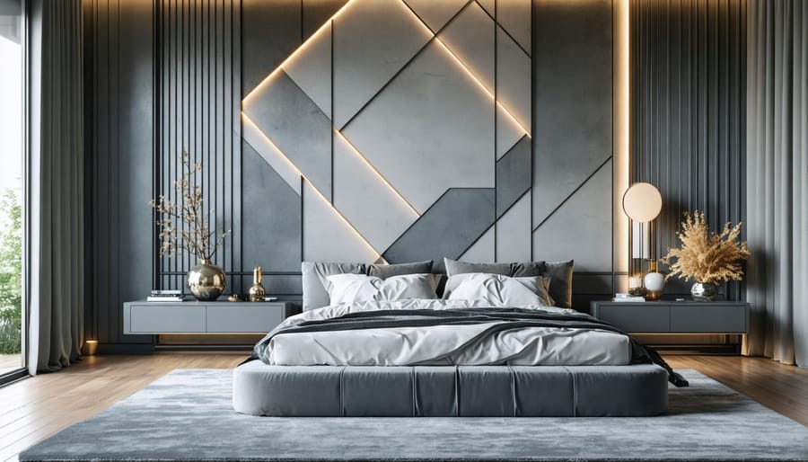 Contemporary bedroom featuring timeless geometric wallpaper patterns in neutral colors