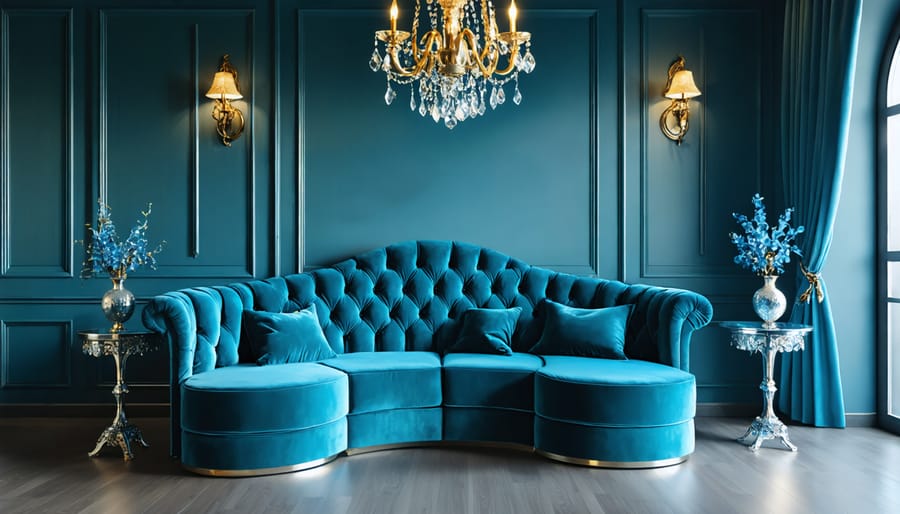 Modern Art Deco living room with plush velvet seating and statement lighting