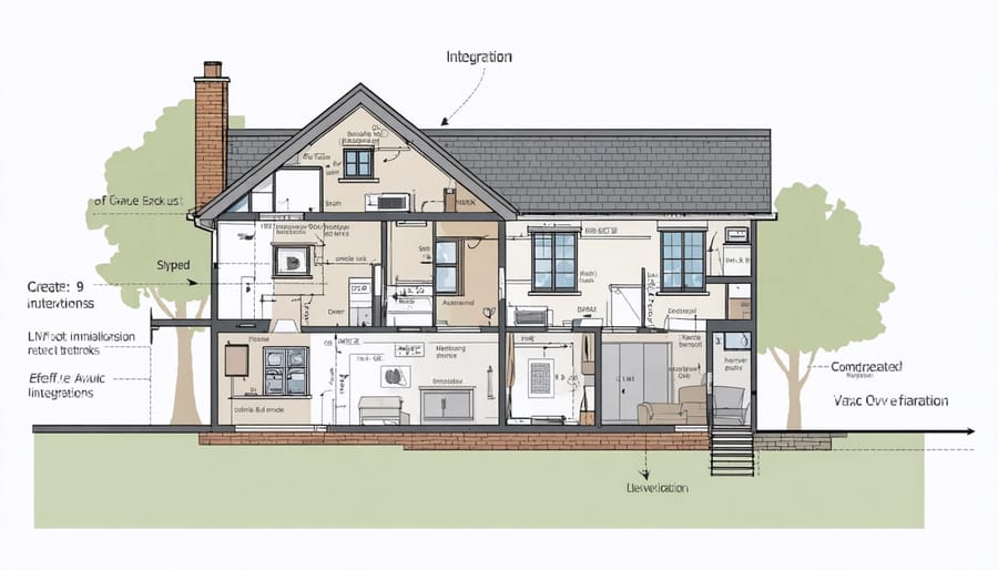 Cross-section illustration of historic home showing modern HVAC system installation while preserving original features