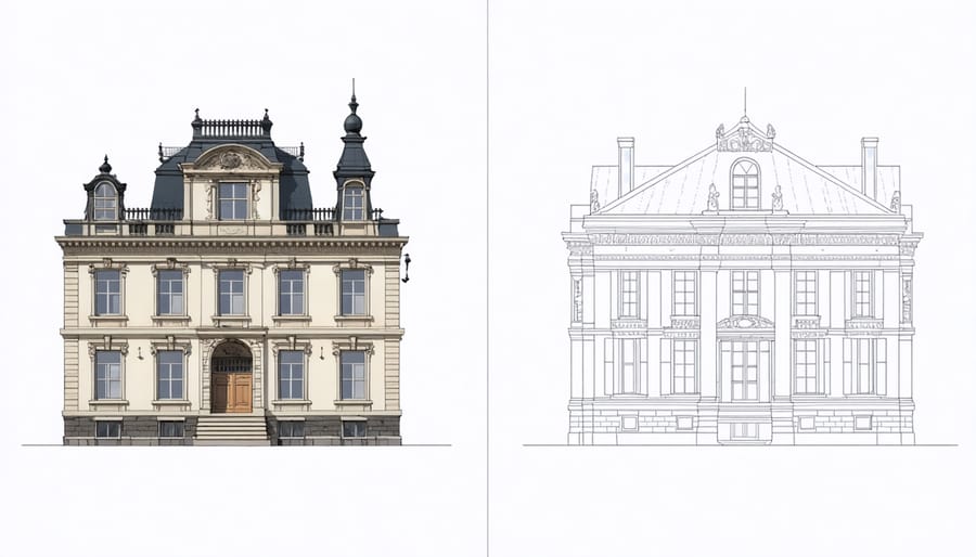 Side-by-side comparison of Victorian and Colonial home architectural elements showing distinctive features