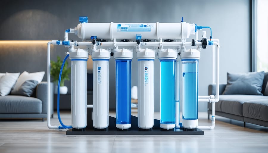 Modern whole-house water filtration system with UV purifier and softener components